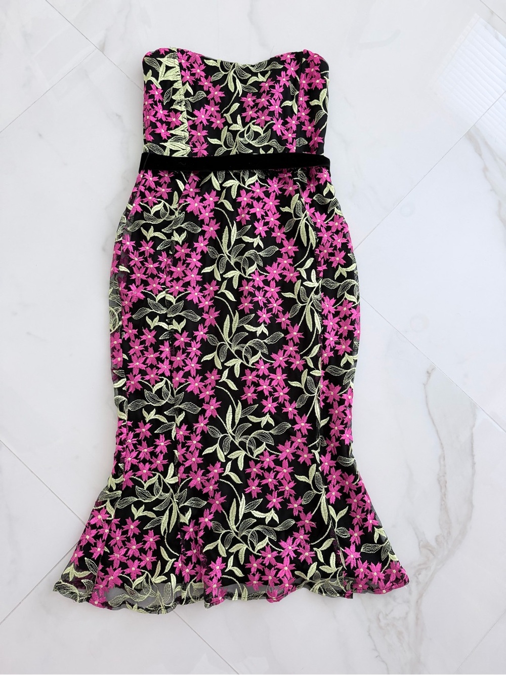 Strapless Floral Midi Dress with Pink & Green Design